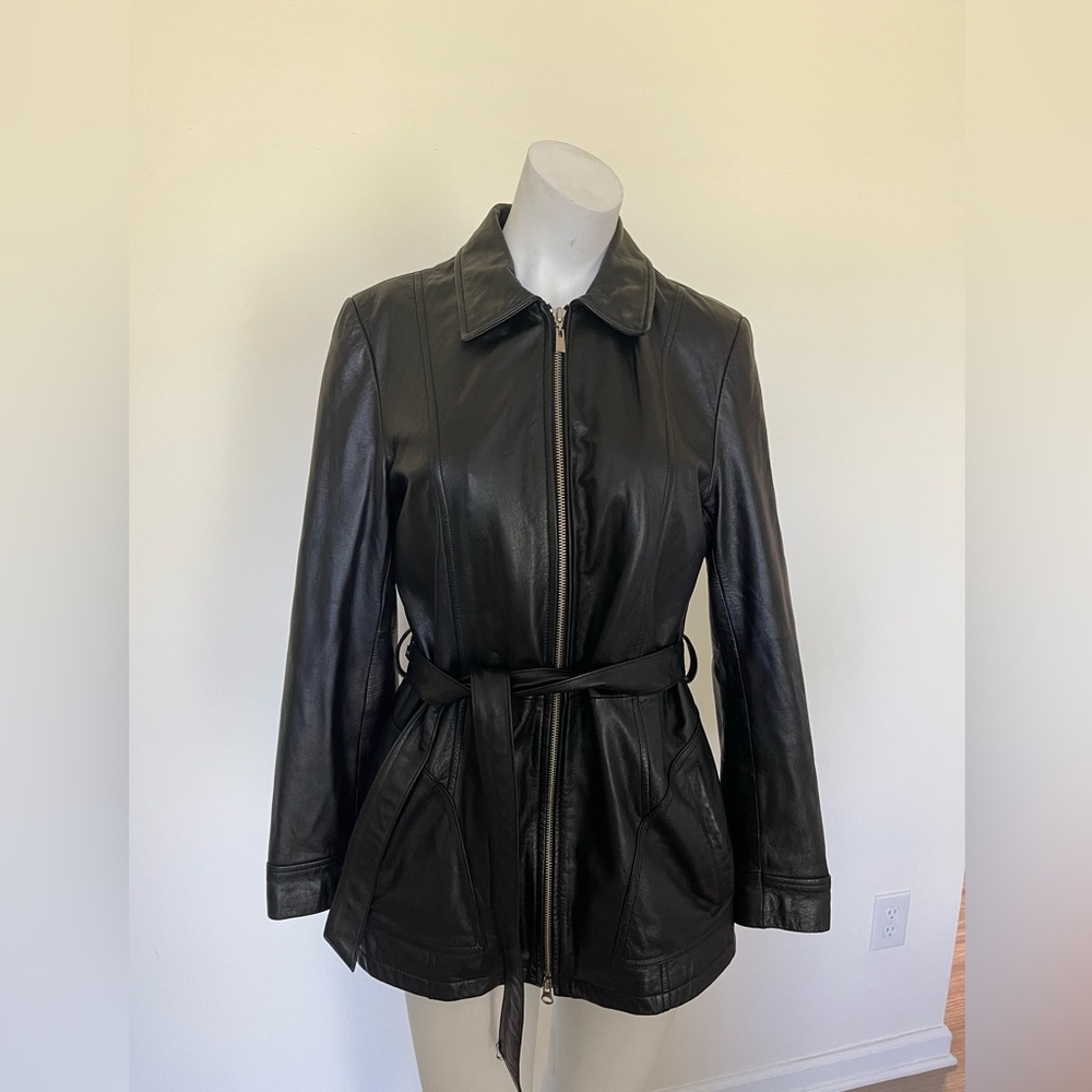 WILSON LEATHER black leathe  jacket w belt